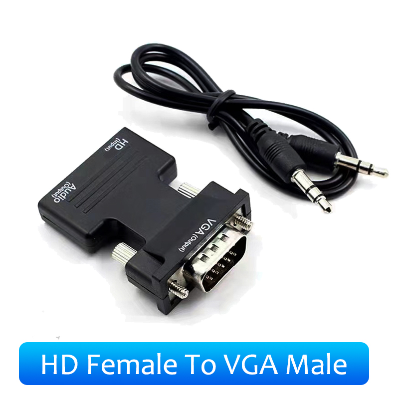 HDMI-compatibel met VGA-adapter met 3.5mm audiokabel voor pc laptop tv-monitor projector 1080p hd vrouw naar vga mannelijke converter: Black