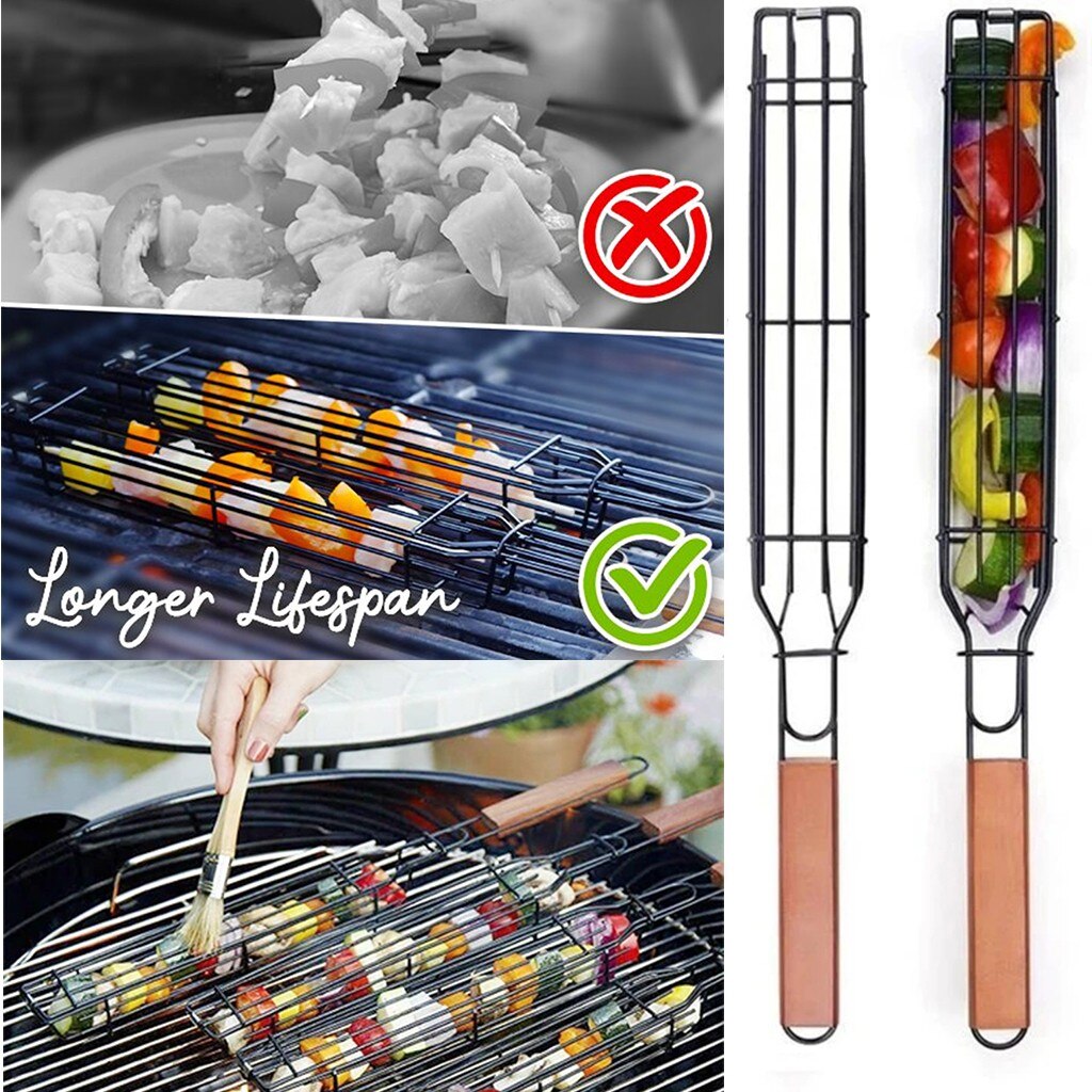 Duurzaam Ijzerdraad Kebab Barbecue Manden Kebab Barbecue Manden Houten Handvat Clip Holder Bbq Grillen