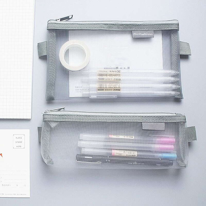 1PC Simple Transparent Mesh Pencil Case Nylon Pen Box Student Office Student Pencil Cases Office School Supplies