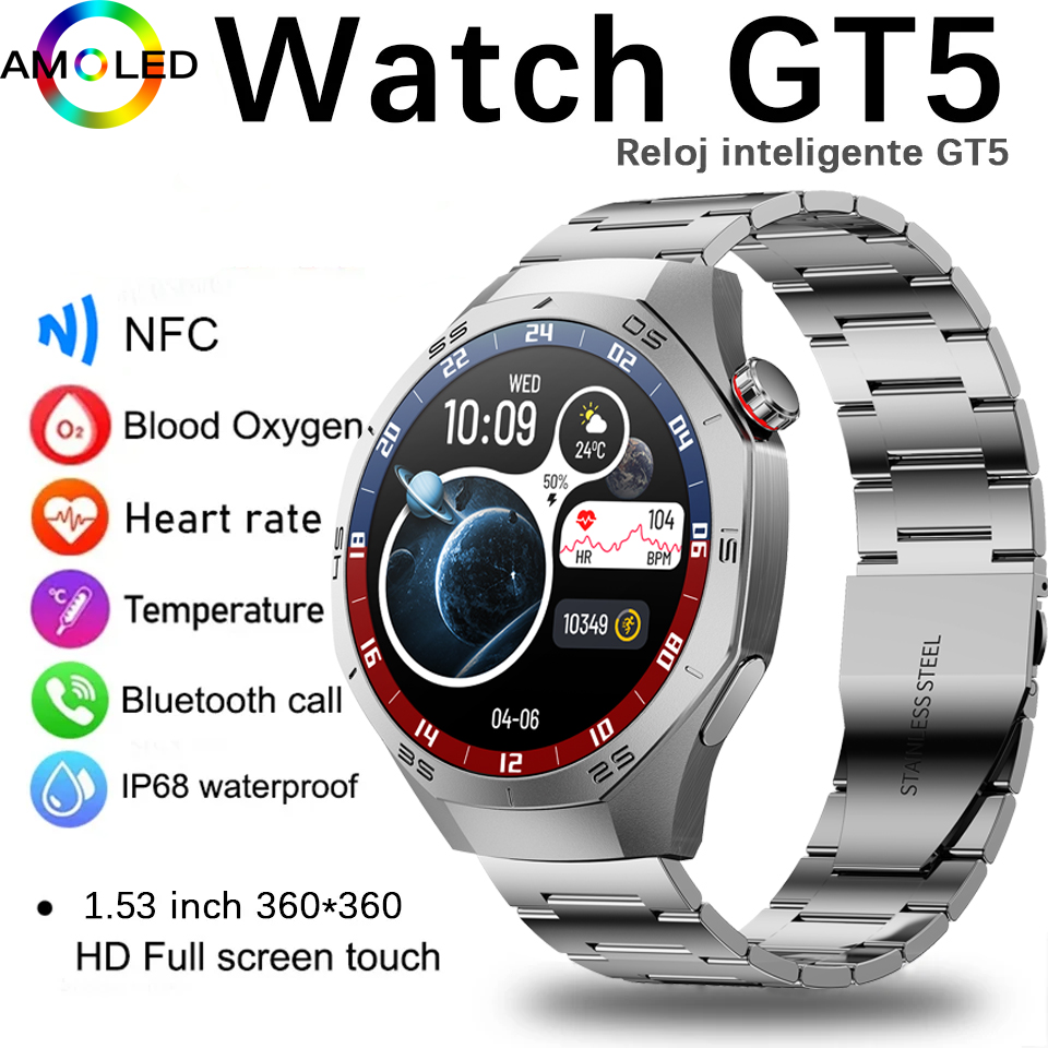 Gt 5 pro smartwatch masculino tela amoled gps esportes bluetooth chamada freqüência cardíaca oxigênio no sangue ao ar livre à prova dwaterproof água smartwatch 2025 novo