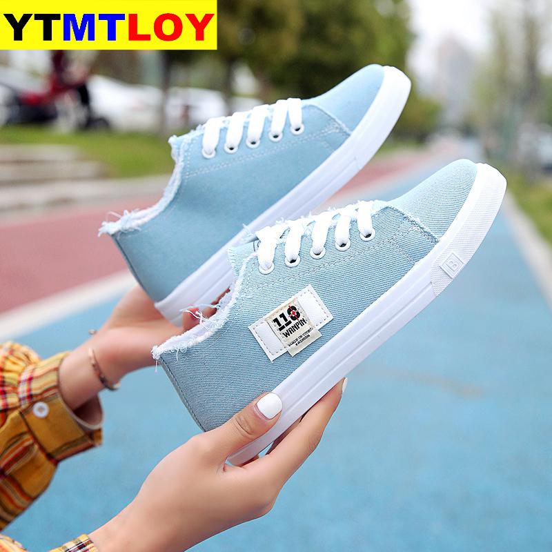 Canvas skor kvinna snörning vår/höst sneakers för tjejer denim solid blå/vita fritidsskor tennis