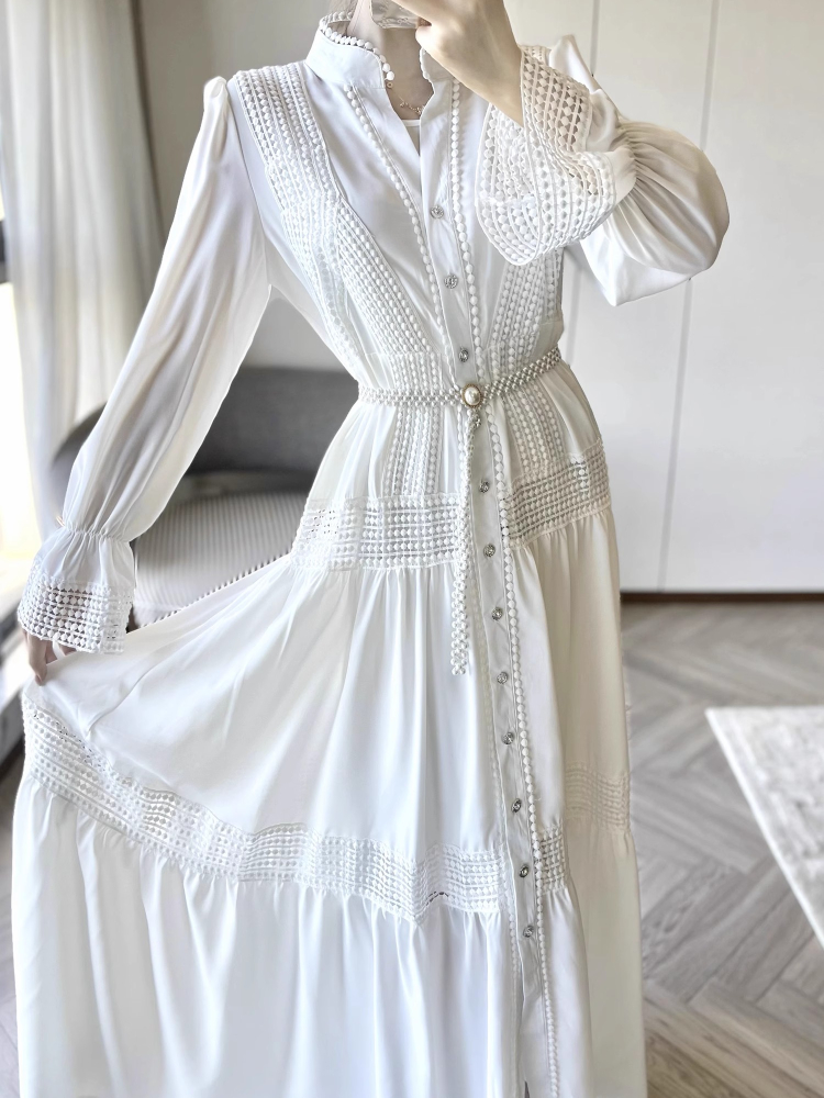 Vintage lös vit klänning bodycon enkelknäppt damkläder catwalk maxi vestidos: M