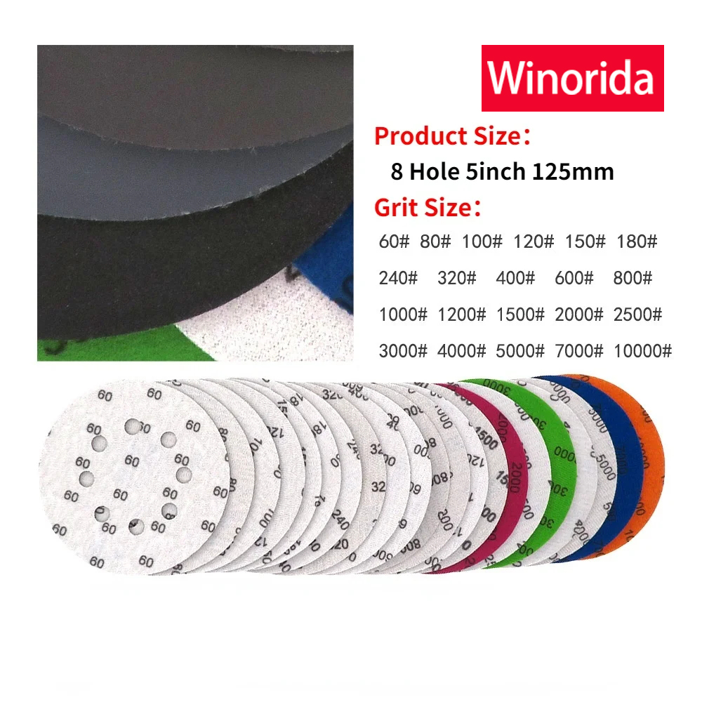 5inch Sandpaper 60-10000 grit Round Shape Sanding Discs Hook Loop Sanding Paper 125mm Buffing Sheet Sandpaper 8 Hole Sander Pad