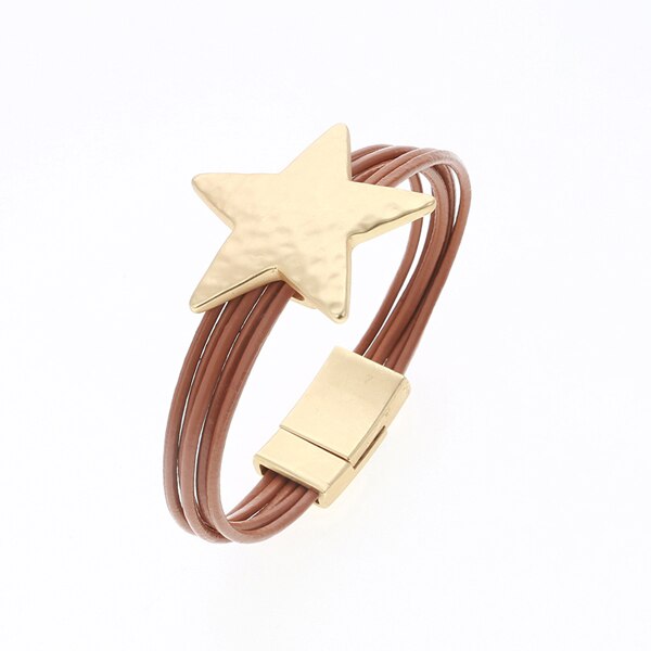 Legierung Stern Magnet Taste Multilayer Leder Charm Armreif 3 Farben Gold Silber Armreifen Für Frauen: Gold-farbe