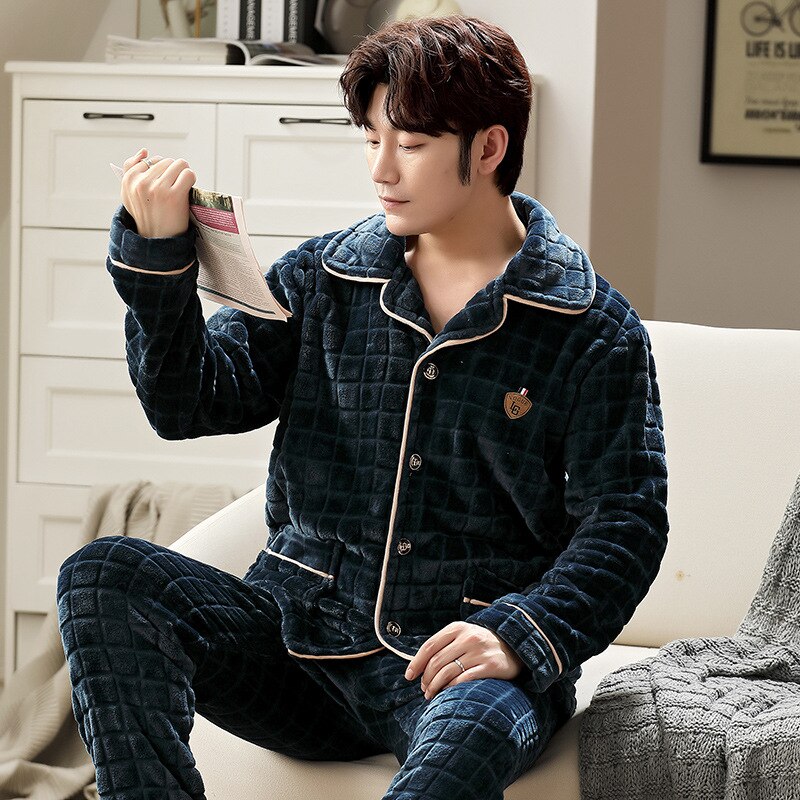 Autumn Winter Coral Fleece Warm Two-piece Pajamas Set Men Long Sleeve Lapel Buttons Night Homewear Pyjamas XXXL: CK219 / L 50-67.5kg