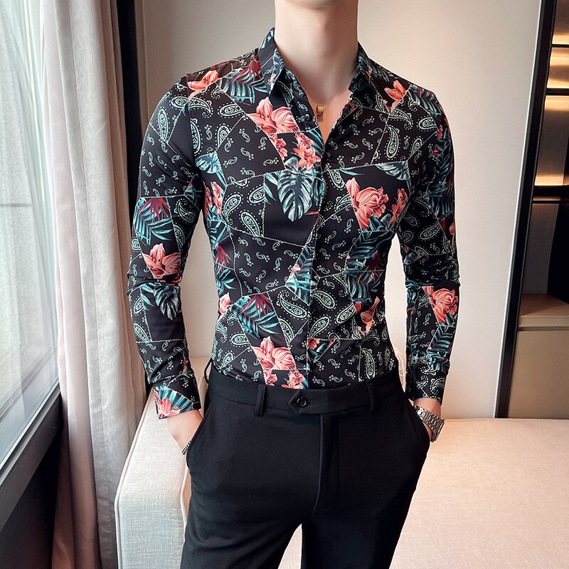 Plus Size 4XL-M Printed Shirts Brand Clothing Men Social Tuxedo Slim Long Sleeve Baroque Slim Party Shirt: Black / Asia 4XL 80-87kg