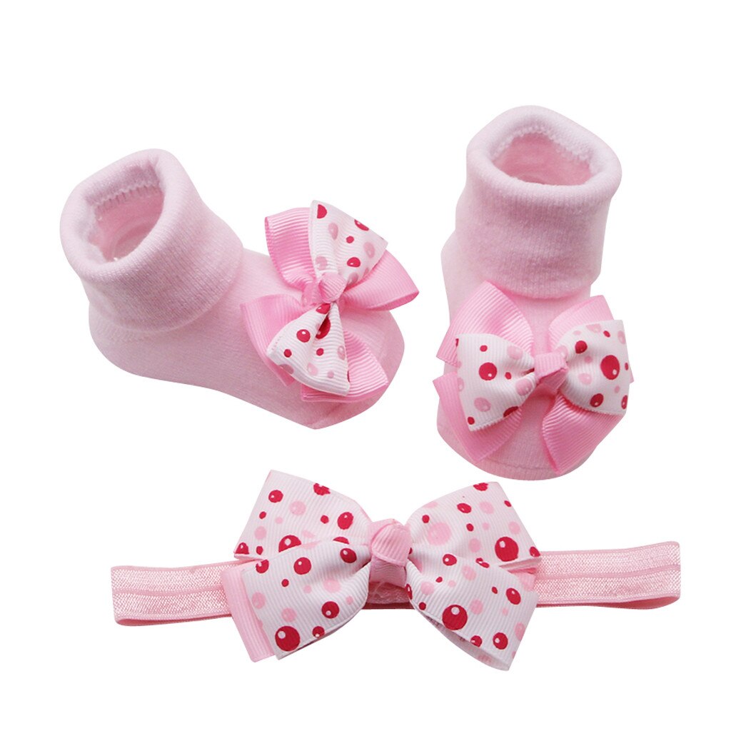 Baby Infant Socks +1PC Hair Belt Toddler Girls Bow Wave Point Anti-slip Socks Newborn Cartoon Toddler Baby Clothes Accessories