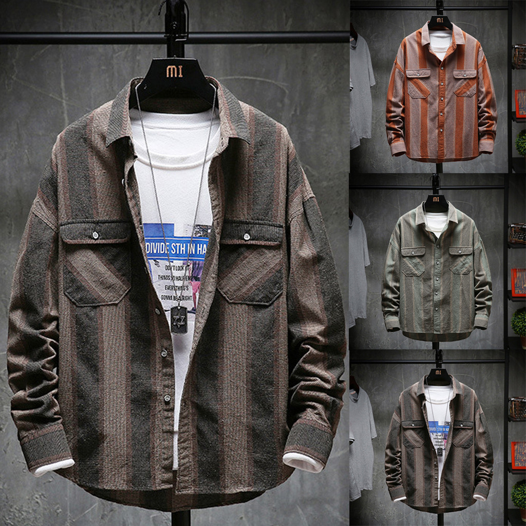 Men's Casual Stripe Printing Loose Removable Long Sleeve Blouse products Spring summer Spot supplier Dropsh