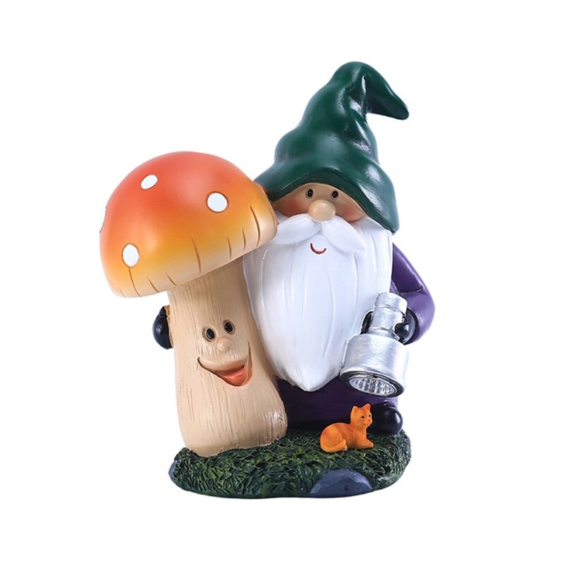 Garden Gnome Statue Outdoor Gnome Holding Mushroom Figurine Built-in Solar Light