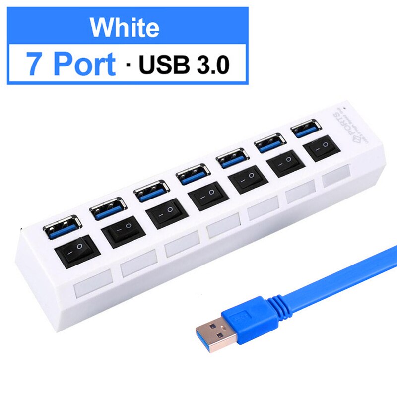 7 Port USB 3.0 Hub With Individual LED Power Switches For Macbook Pro Air Computer PC Laptop Accessories Cable Splitter Adaptor: 7 Port White