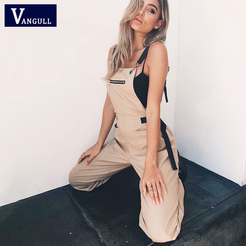 Vangull khaki bukser dame jumpsuit lange lynlåslommer ærmer justeret rem højtaljet bomuld sommer