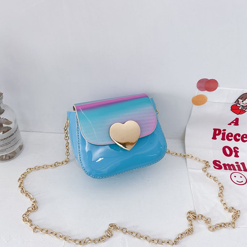 Baby Lakleer Schoudertas Meisje Creatieve Schattige Perzik Hart Decoratie Ketting Schouderriem Prinses Messenger Bag: Blauw