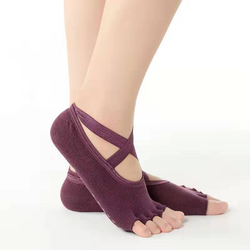 Mulheres yoga meias anti-derrapante secagem rápida amortecimento pilates basketball meias bom aperto para homem e mulher piso macio algodão toe meias: Half finger PURPLE