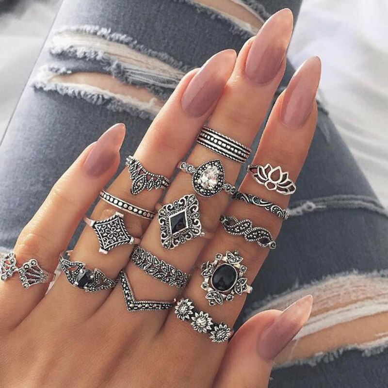 15 Teile/satz Böhmischen retro Ringe einstellen Für Frauen Kristall Blume Blätter Hohl Lotus Edelstein Knöchel Ring Hochzeit Schmuck: Ursprünglich Titel