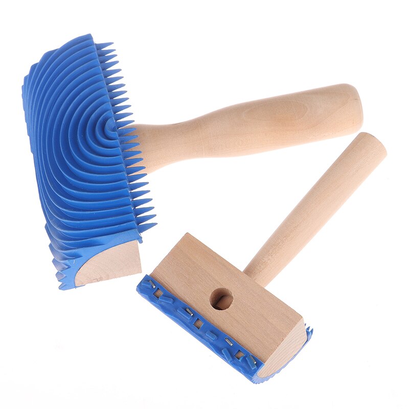 Blue Wood Grain Tool Wood Handle Rubber Paint Roller DIY Pattern Wall Painting