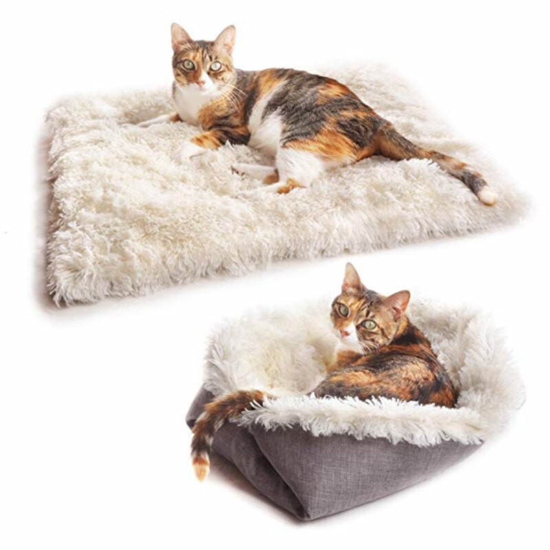 Cama de Gato de doble uso, nido de gato para invierno y verano, lado peludo para invierno, voltear hacia un lado no peludo para verano