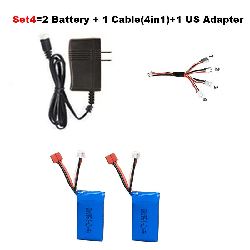 7.4V 1500mah Hoge capaciteit Li-po Batterij + Kabel (4in1) + lader voor JJRC Q39 Wltoys A959-B A969-B A979-B K929-B RC Auto Onderdelen: Set4