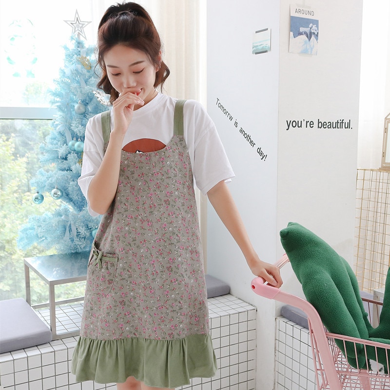 Delantal de algodón cocina hogar impermeable y a prueba de aceite bonita con flores delantal vestido estilo uniforme flor café uniforme