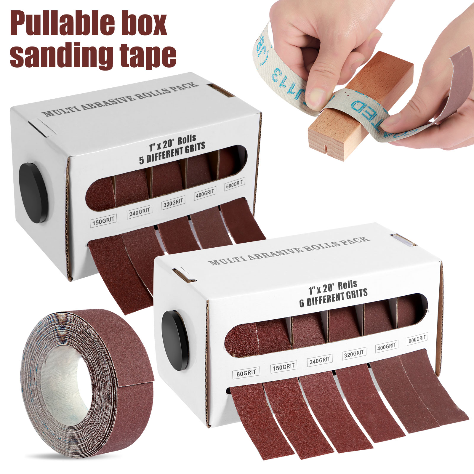 5/6 ruller lange slipepapirruller i eske med aluminiumoksid slipebånd, trekkbart slipepapir, 80/150/240/320/400/600 korn