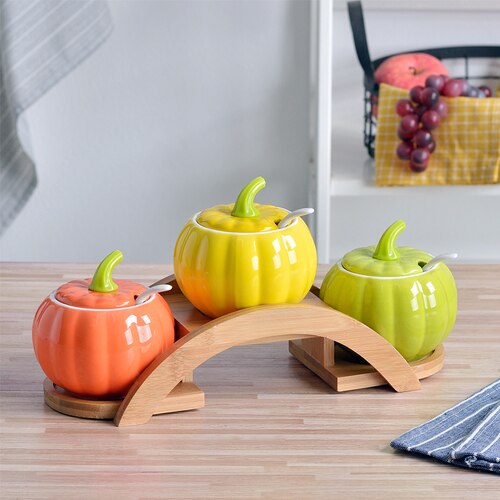 ceramic cruet seasoning jar set home kitchen MSG pumpkin oil salt cans seasoning box WF4091535: D