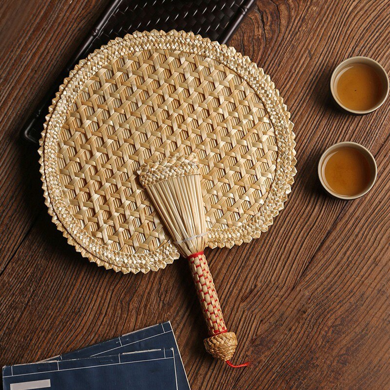 Ventilador de mano de paja para verano, ventilador de mano Natural respetuoso con el medio ambiente, de tejido a mano, abanico de plátano decorativo y ventilador redondo, 2 uds.