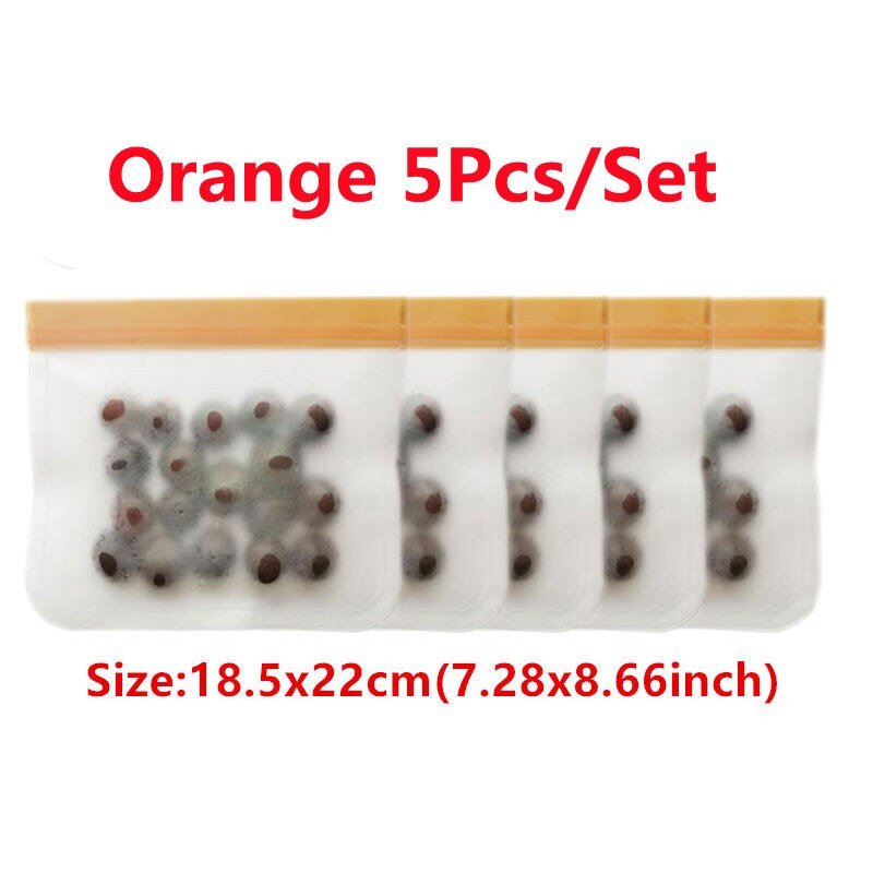 Juego de Bolsas de Silicona para Alimentos, Conjunto de Empaques con Sello, Ideal para Almacenamiento y Conservación Fresca de Frutas y Verduras, Reutilizable, A Prueba de Fugas, Estilo Bolsa Ziploc, 14 Piezas: 5Pcs Orange