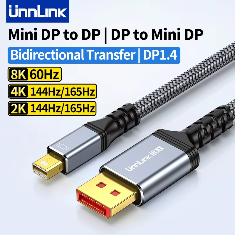 Unnlink 8K Mini DisplayPort vers DP 1.4 câble bidirectionnel 4K 144Hz/2K 165Hz Mini DP Thunderbolt 2 vers DP pour Surface aérienne Macbook