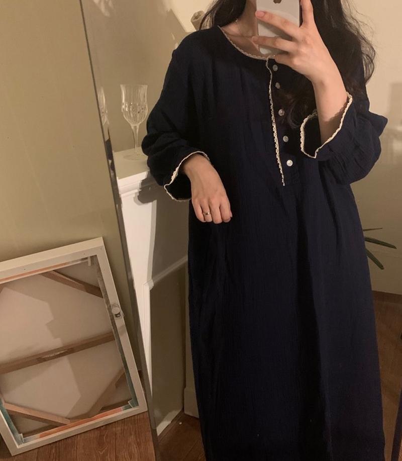 O-Neck Cotton Sleepwear Vintage Loose Homewear Nightgown Long Midi Dress Pearls Buttons Soft Long Sleeve Korean Kawaii: blue