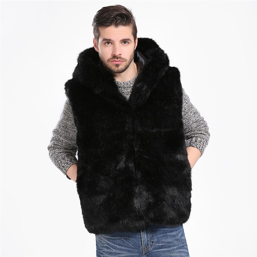 Jacket Men Faux Fur Vest Jacket Sleeveless Winter Body Warm Coat Hooded Waistcoat Gilet