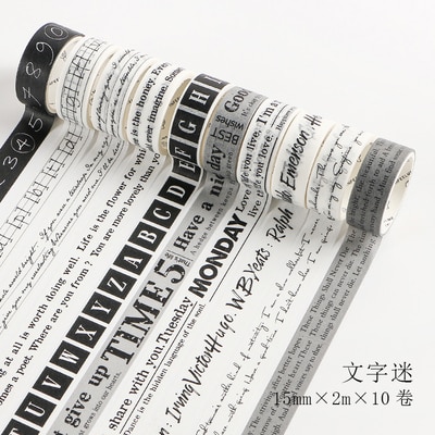 10 ruller / sæt vintage ord puslespil nummer bogstav tekst indeks washi tape diy planner dagbog scrapbooking maskeringstape escolar