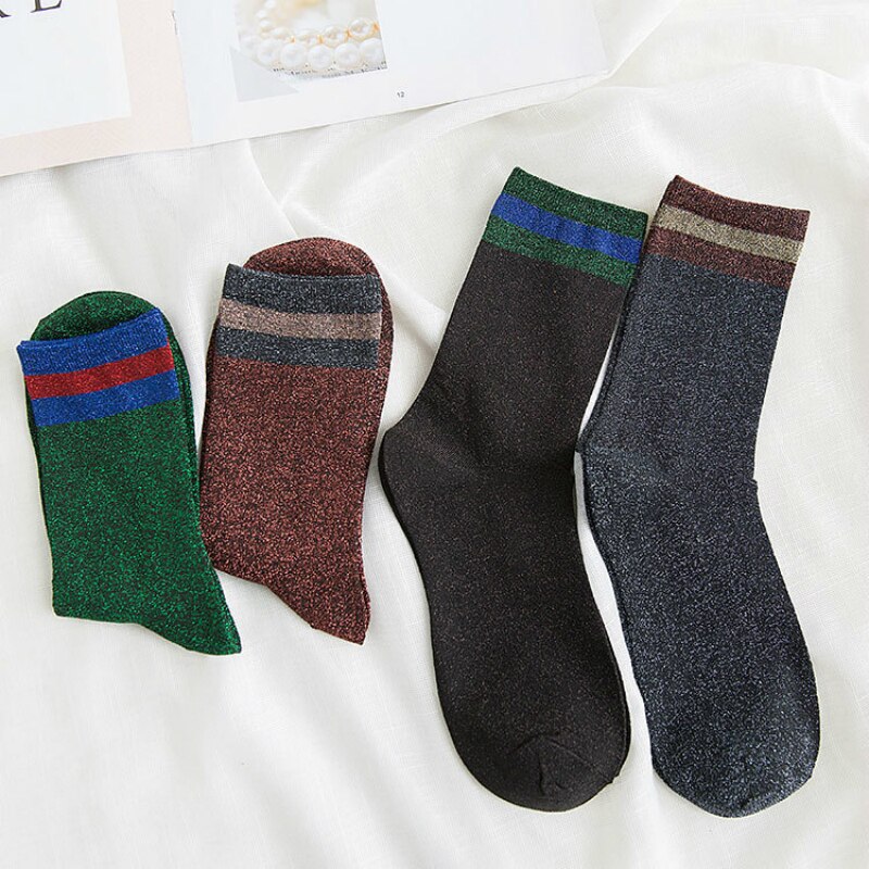 Calcetines bonitos divertidos a rayas para mujer, de seda, dorados y plateados, Harajuku, cebolla japonesa, restauración antigua