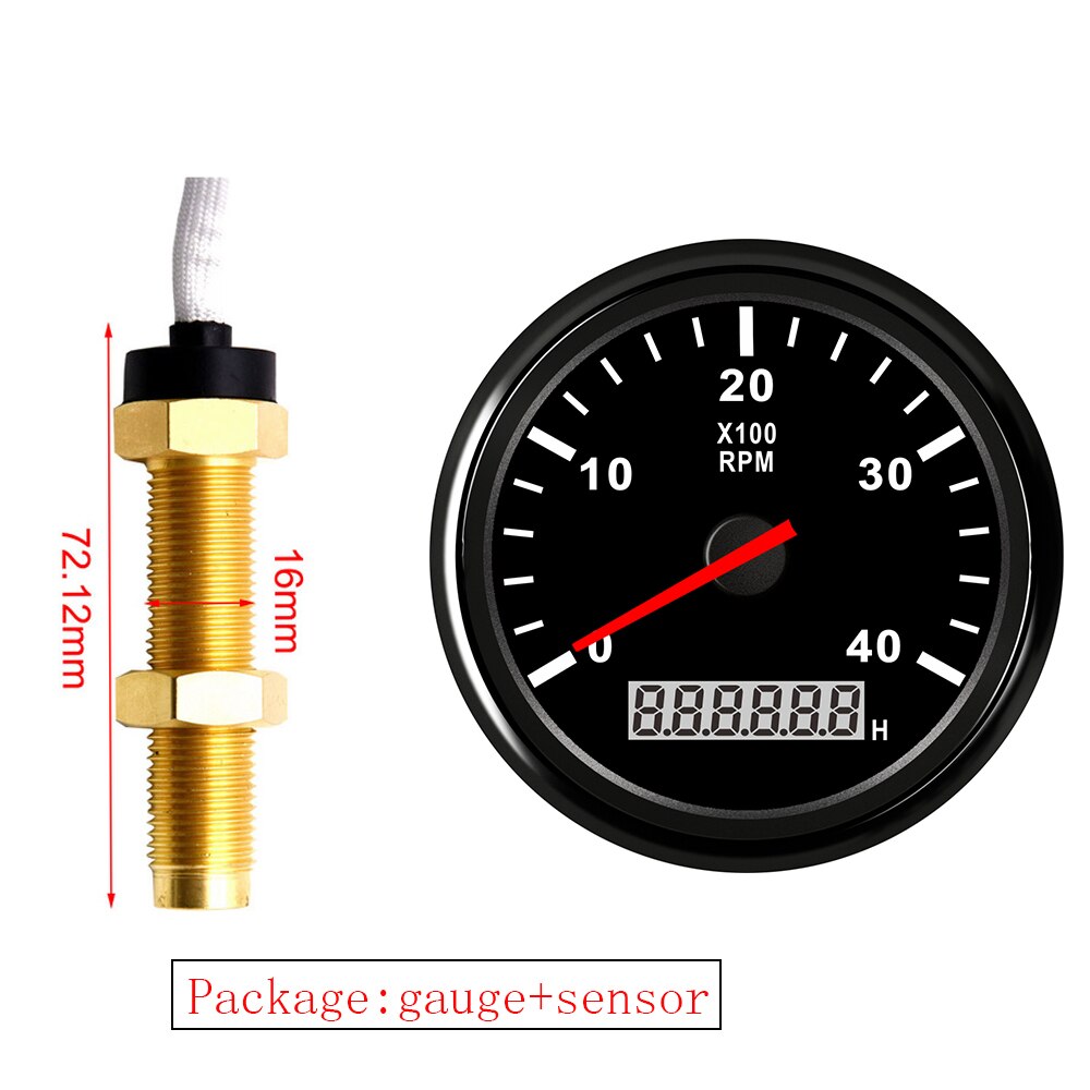 85mm Gauge Car Boat M16/M18 Tacho Sensor Marine Tacho Meter with LCD Hourmeter 4000 RPM Boat Tachometer 12V/24V Red Backlight