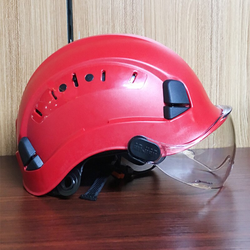Sikkerhedshjelm med mørke beskyttelsesbriller udendørs klatring ridning beskyttelseshjelme arbejder redning hard hat abs arbejdshætte: Rød klar linse