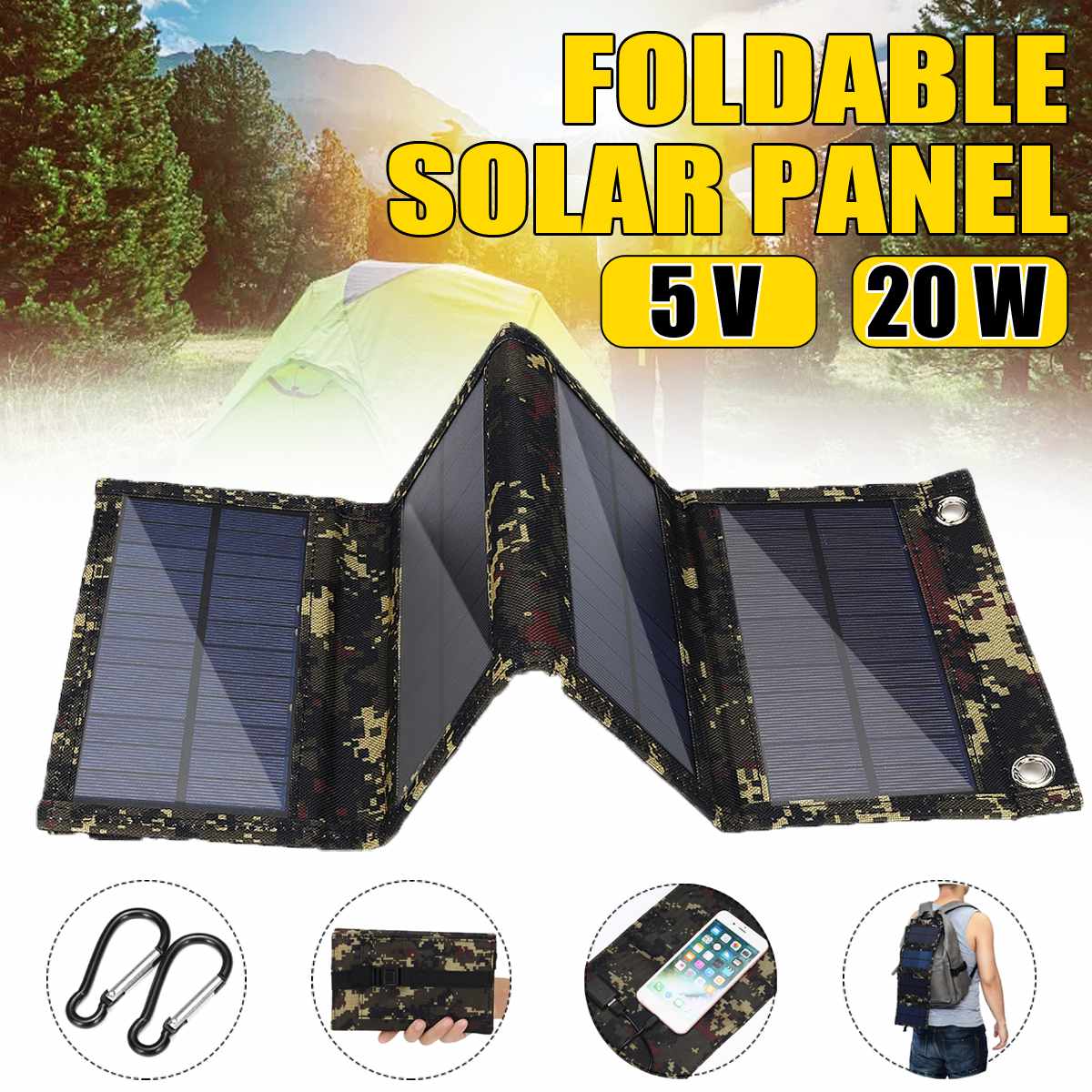 20w solpaneler bærbar foldbar foldbar vandtæt dobbelt 5v usb solcellepanel oplader strømbank til telefonbatteri