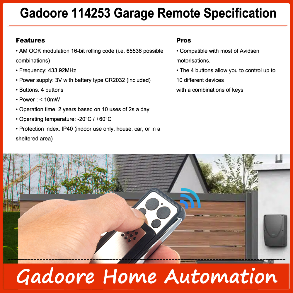 Gadoore Avidsen 114253 Garagentor-Fernbedienung, kompatibel mit 433 MHz Avidsen 114253 104257 104251 Extel Thomson Garagensteuerung