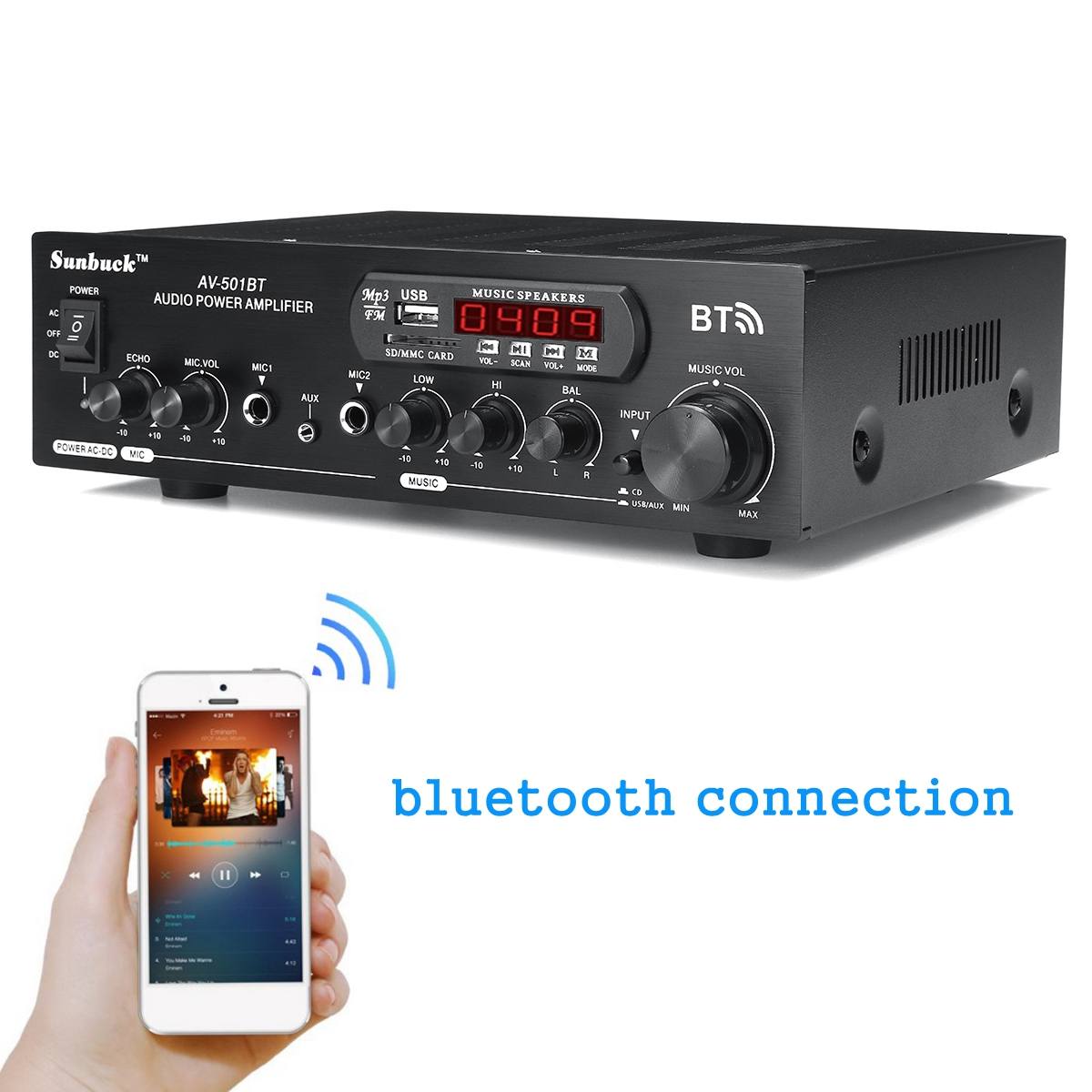 1200W 12V/110V-220V Home Car bluetooth Power Amplifier With Remote Control HiFi Stereo Digital AMP 2x Mic AUX USB SD Card Input