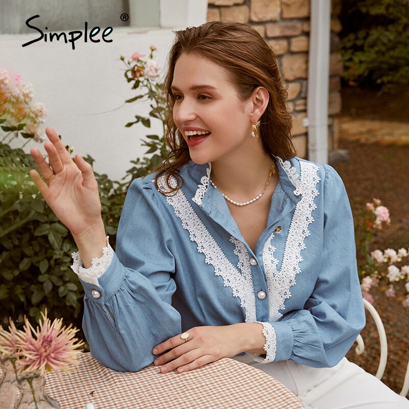 Simplee vintage denimblå kvinder bluse skjorte efterår vinter lange ærmer blonder blå top arbejdstøj afslappet søde dame toppe