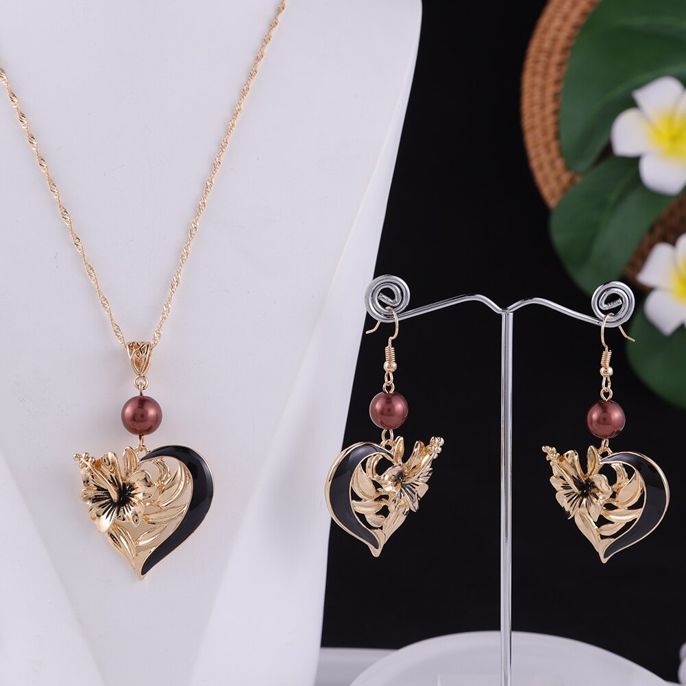 Cring Coco Herz Anhänger Halskette einstellen Hibiskus Blumen Ohrringe Halskette Trend hawaiisch Schmuck setzt für Frauen: ZH0607GOBR