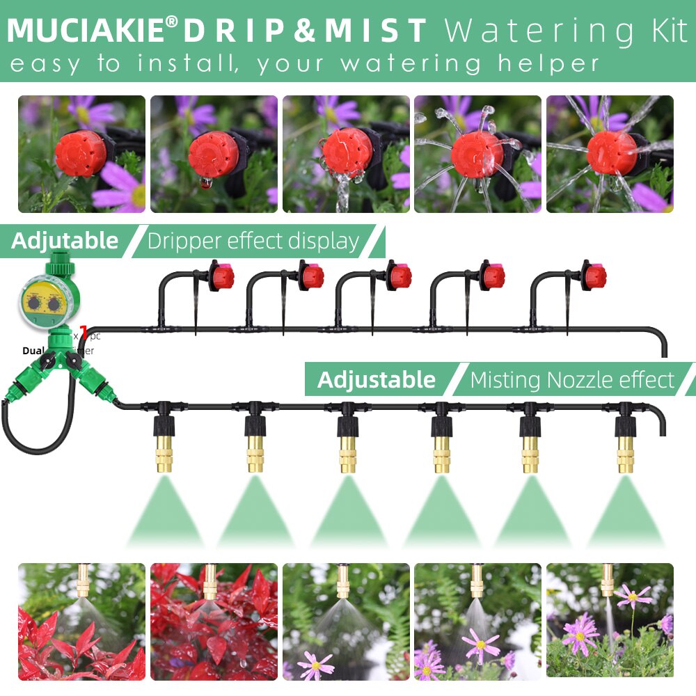MUCIAKIE 10-50M Garden Irrigation System 1/4'' Automatic Drip Watering Brass Misting Spray 2-IN-1 Home Balcory Yard Greenhouse