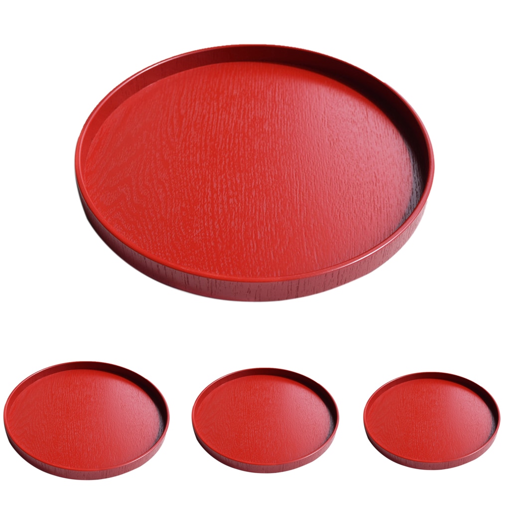 Round Wooden Plate Food Snack Serving Trays Salad Bowl Platter Red 21cm