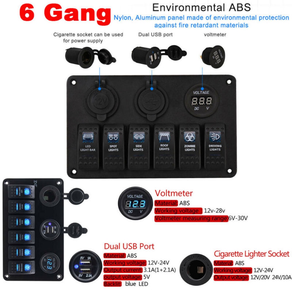 TOTMOX 12V/24V Waterdichte 6 Gang Auto ON-OFF Tuimelschakelaar Panel met Dual USB Socket Charger Voltmeter, Geschikt voor Boot Marine Jacht Camper