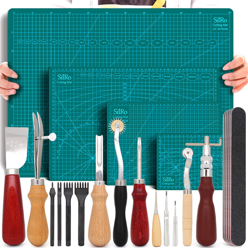 Leather Kit Leathercraft Working Tool Kit with Cutting Mat Saddle Making Tool Set Prong Punch Knife for Leather Craft Making DIY
