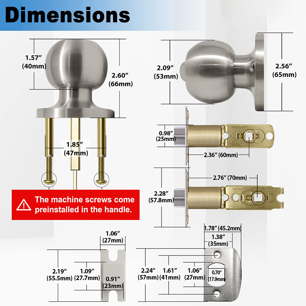 Perilla de puerta de entrada con llave, cerradura de puerta Interior y exterior, bola estándar de acero inoxidable para puertas interiores y dormitorio