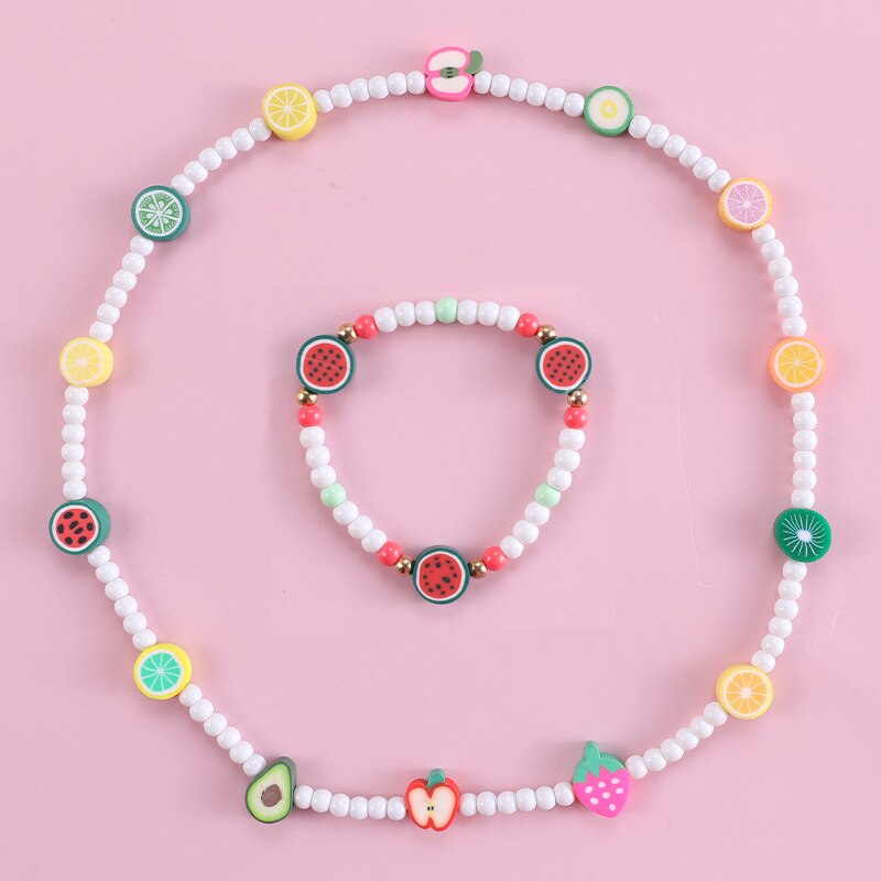 Kids Kettingen Meisjes Kinderen Leuke Fruit Ketting Armbanden Sets Mode Kind Jurk Sets Acryl Strand Strand Sieraden Set: 3