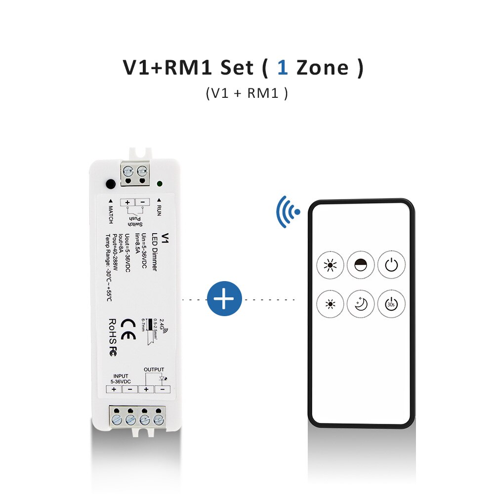 LED Dimmer Switch 12V 24V PWM 2.4G LED Touch RF Wireless Remote 5V 36V Smart Wifi Dimmer Controller for Single Color LED Strip: V1 and RM1 Set