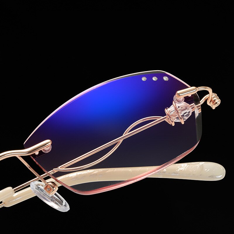 Gafas de lectura de aleación de corte de diamante sin montura para mujer con gradiente Rosa + 1 + 1,5 + 2 + 2,5 + 3 sin montura de Metal con diamantes de imitación Anti azul