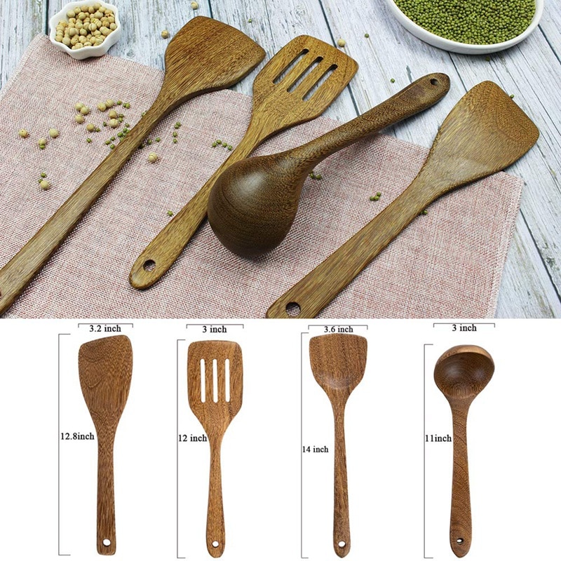 Træredskaber sæt til køkken træ kogeskeer værktøj til nonstick køkkengrej håndlavet af uden maling