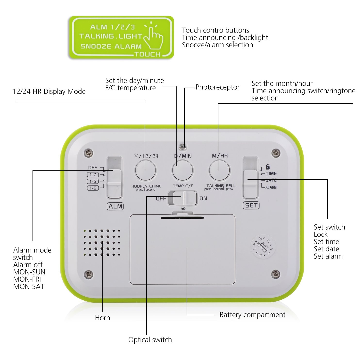 Digital Alarm Clock Talking Clock 3 Alarms Intelligent Optional Weekday Alarm Noctilucent And Snooze Function Month D