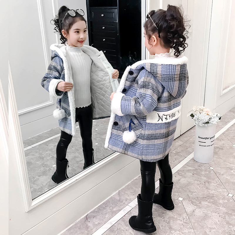 Meisjes hoodies met capuchon, wollen mix, gestreepte dikke ruit, bovenkleding, herfst- en winterkleding voor kinderen, wollen jassen  zl275