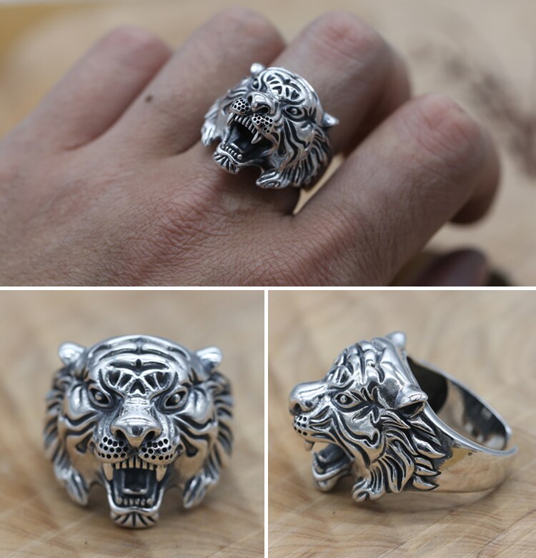 Vintage 925 Argento Bianco Anello Tigre di Buona Fortuna Anello Uomo 100% Sterling Argento Fengshui Tiger Anello Thai Anello In Argento 925
